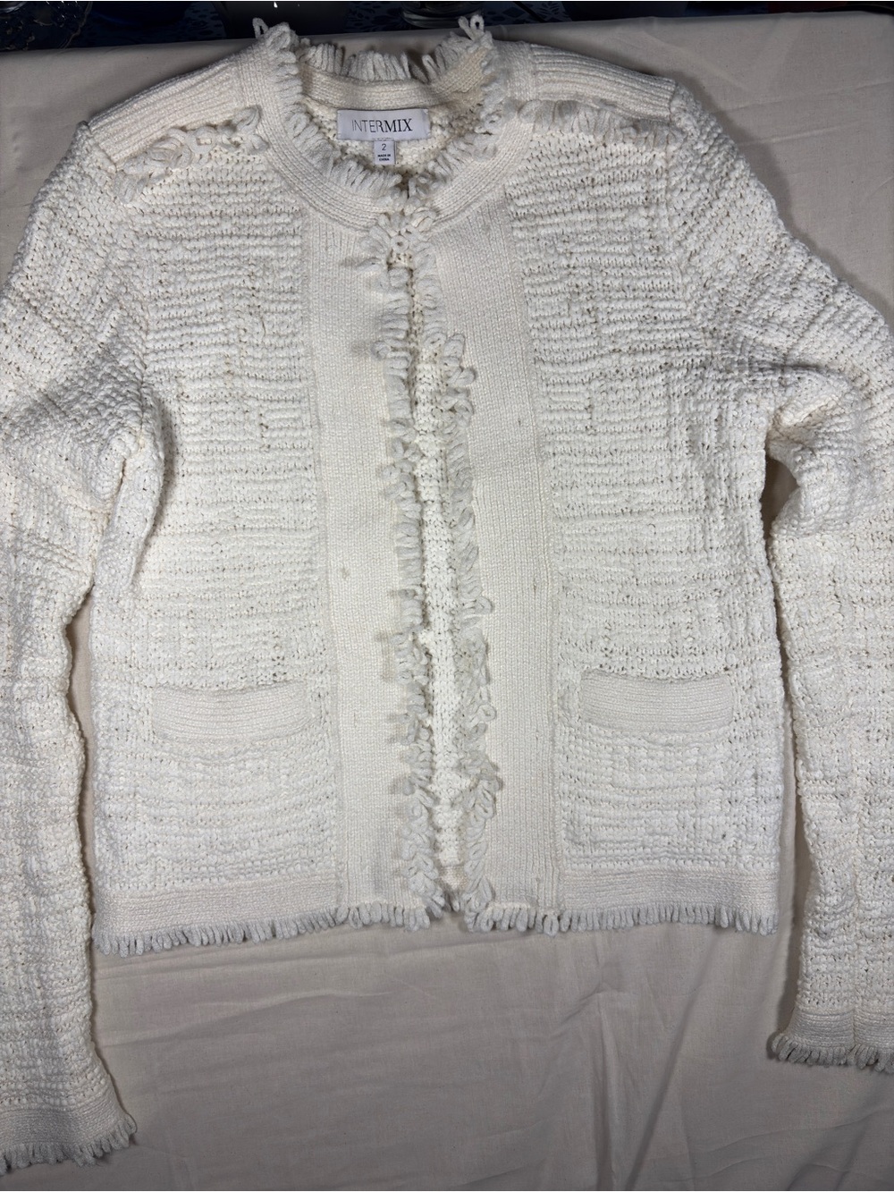 INTERMIX Cream Ivory Fringe Tweed Knit Jacket Collarless Open Front Small Size 2 - Picture 5 of 16